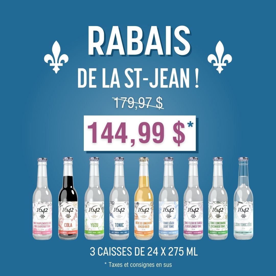 C'est le temps de faire vos réserves pour la Saint-Jean! 
Nos 9 saveurs sont disponibles à un prix imbattables! Livraison gratuite! 
3 caisses pour 144,99$, soit 8$ le 4 pack!
La promotion se termine le 24 juin 2024. Jusqu'à épuisement des stocks. 

1642.ca