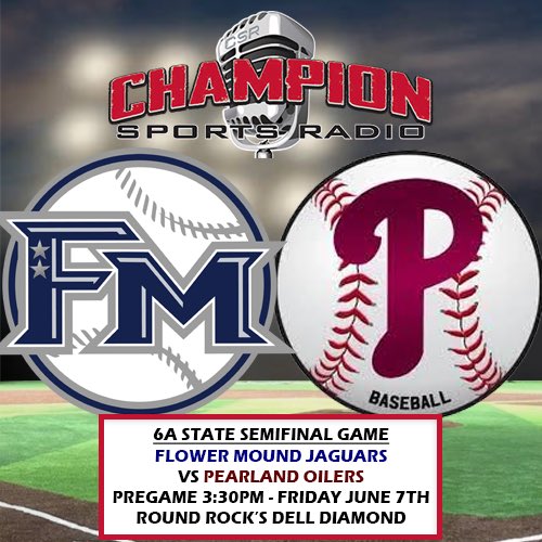 Champion Sports Radio (@championsports) on Twitter photo It’s a rematch of last year‘s 6A Championship game as #1 <a href="/fmjagsbaseball/">FMjagsbaseball</a> plays #6 <a href="/OilerBaseball/">Pearland Baseball</a>!
Can’t be there? Listen to our enhanced audio broadcast!
⚾️ 6A State Semifinal
⏰ 3:30pm pregame
🏟️ #delldiamond
🎙 <a href="/MrThomasDLee/">Thomas D. Lee</a> & <a href="/CutterSippel/">Cutter Sippel</a>
🎧 (FREE) championsportsradio.com/flower-mound/ It’s a rematch of last year‘s 6A Championship game as #1 <a href="/fmjagsbaseball/">FMjagsbaseball</a> plays #6 <a href="/OilerBaseball/">Pearland Baseball</a>!
Can’t be there? Listen to our enhanced audio broadcast!
⚾️ 6A State Semifinal
⏰ 3:30pm pregame
🏟️ #delldiamond
🎙 <a href="/MrThomasDLee/">Thomas D. Lee</a> & <a href="/CutterSippel/">Cutter Sippel</a>
🎧 (FREE) championsportsradio.com/flower-mound/