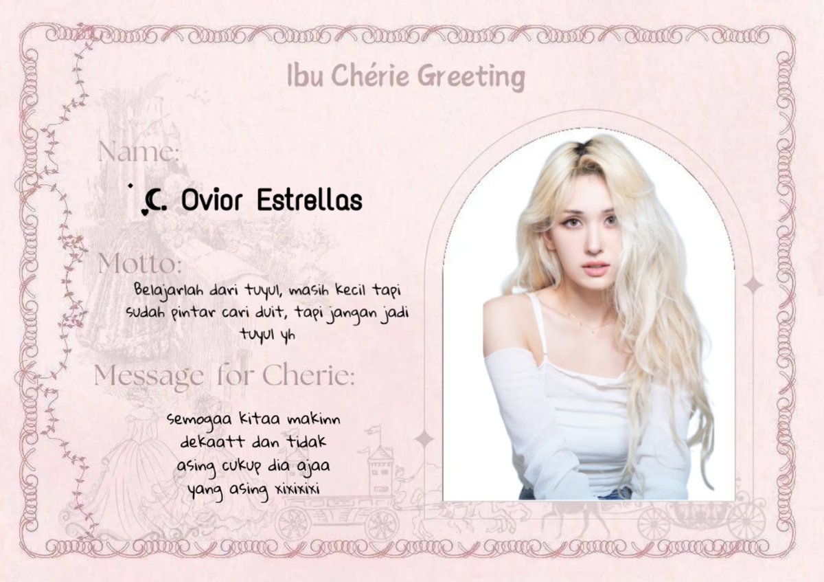 ࣪ ִֶָ☾. Greeting Cherie. 

ovior disinii!!! 
Ayoo kitaa kenalaaann supaya aku traktir es krim xixixixi
