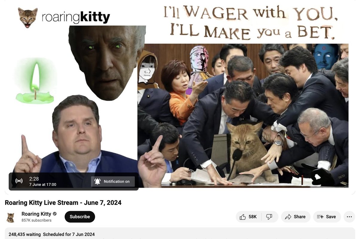 250,000 degens waiting to tune into the crypto equivalent of the FOMC. 

Take these times in, they will not be around forever. 

Roaring Kitty lets have you.