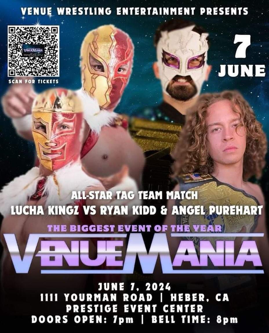 RyanKiddPro's tweet image. 🌟TONIGHT! 🌟

Venue Wrestling Entertainment returns to the Prestige Event Center with “VENUEMANIA IX” tonight in Heber, CA!

The Lightning Champion and Imperial Valley Champion team up to take on The Lucha Kingz in Tag Team action! Remaining tickets will be available at the door