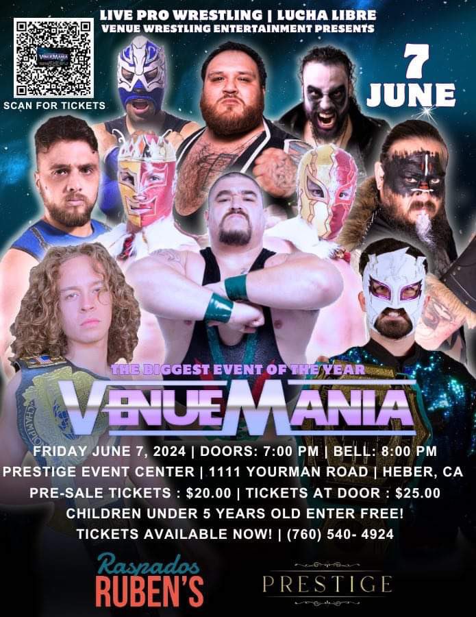 RyanKiddPro's tweet image. 🌟TONIGHT! 🌟

Venue Wrestling Entertainment returns to the Prestige Event Center with “VENUEMANIA IX” tonight in Heber, CA!

The Lightning Champion and Imperial Valley Champion team up to take on The Lucha Kingz in Tag Team action! Remaining tickets will be available at the door