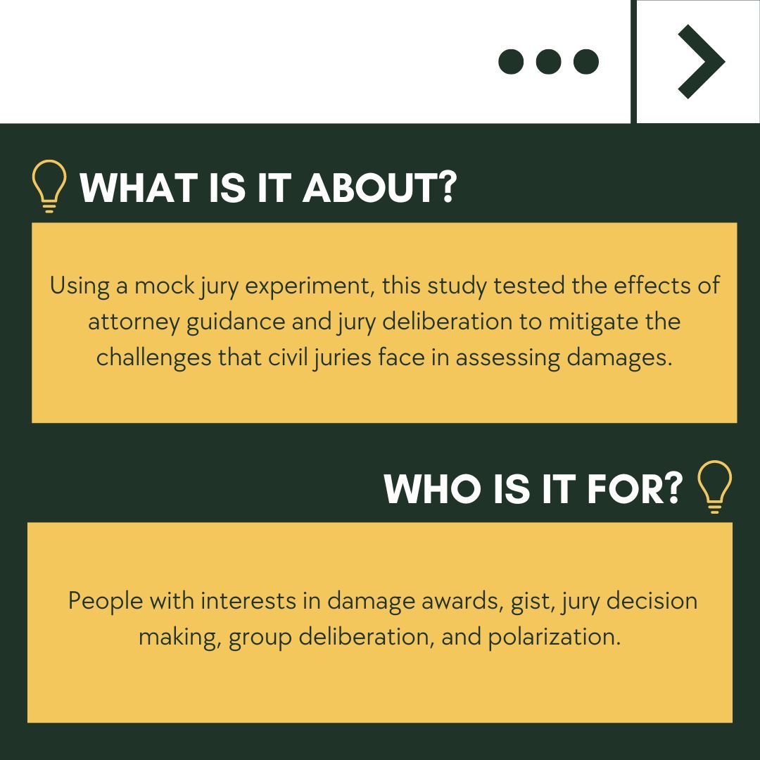 lhb_apls's tweet photo. Happy Friday! Reed et al.'s article addresses the effects of attorney guidance and jury deliberation to mitigate the challenges that civil juries face in assessing damages. Read the full article for FREE here- https://t.co/IBbFmwLHFA @apls41 @aplssc https://t.co/TOggpATj4S