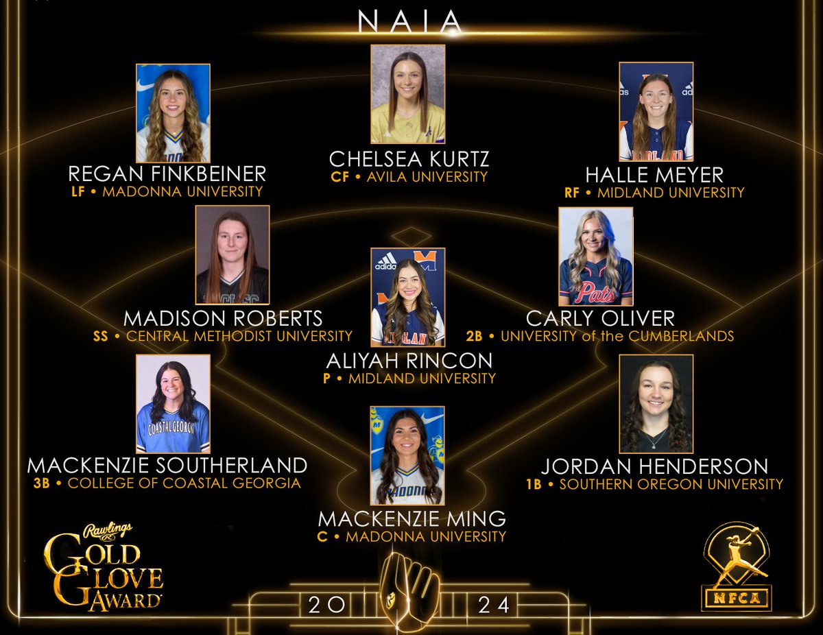 NAIA Rawlings Gold Glove Award Winners 🏆

#TeamRawlings #RawlingsGoldGloveAward <a href="/NFCAorg/">National Fastpitch Coaches Association</a>