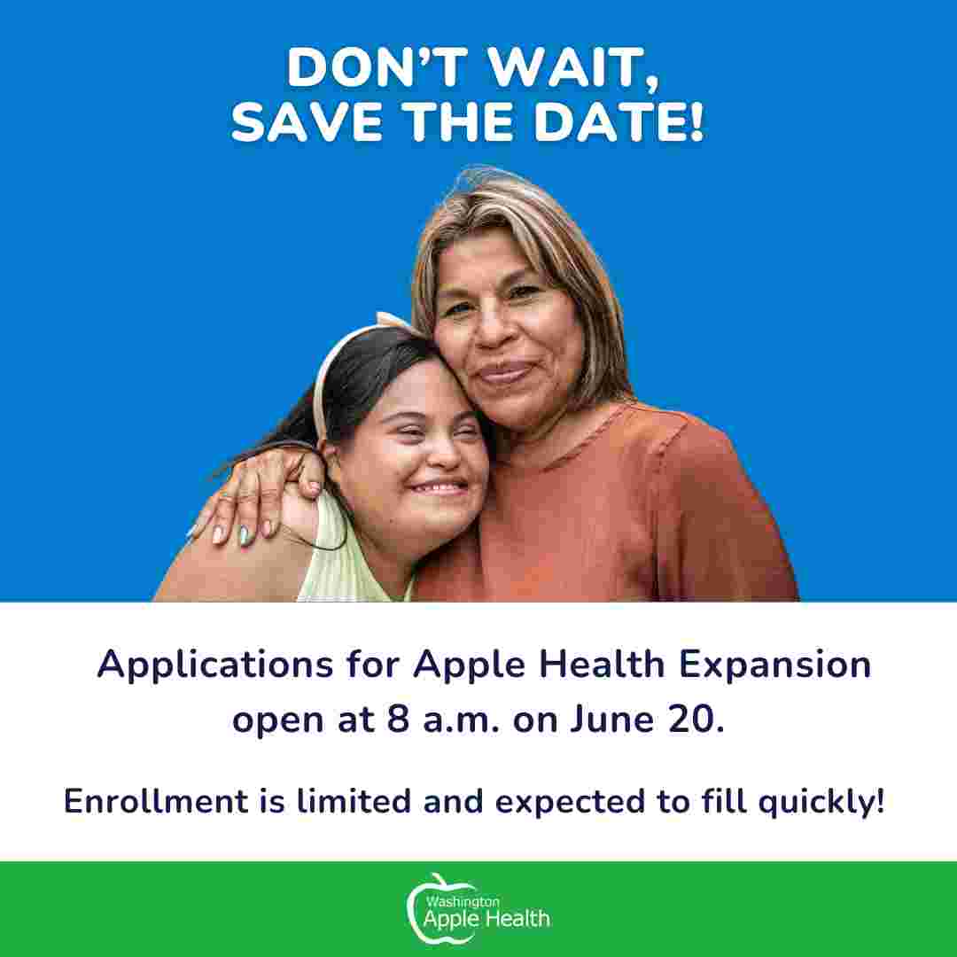 Save the date! Applications for Apple Health Expansion open on June 20 at 8 a.m. This new
program has limited enrollment and is expected to fill quickly. Check eligibility and learn more
at hca.wa.gov/apple-health-e… 

#ImmigrantHealthMatters #GetCoveredWA