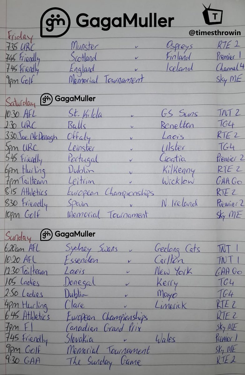 G’day folks! Hope ye are all refreshed after the bank holiday weekend... I know I’m not! Longest week of me fecking life but anyhow... Thank God the ol' sports schedule is nicely filled to keep me couch bound this weekend! 

Great to have our original sponsor GagaMuller back with