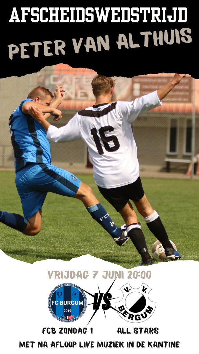Vanavond om 20:00 de afscheidswedstrijd van routinier Peter van Althuis! Wij spelen hierbij 2x30 minuten tegen de vv Bergum “All Stars”. Komt dat zien