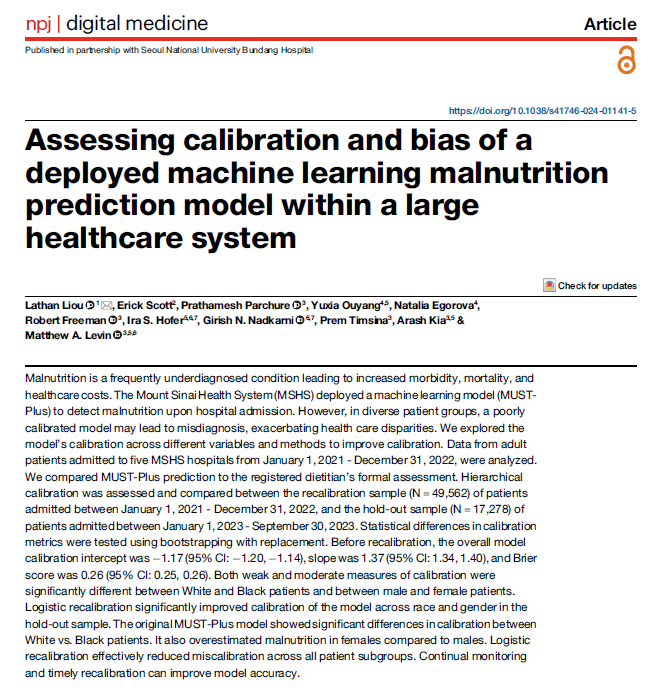 There is nothing better than an extensive thread from directly from an author... Here <a href="/LathanLiou/">Lathan Liou</a> et al. give an insight into their new publication discussing calibration of prediction models, with a focus on a malnutrition use case. Full thread below...

nature.com/articles/s4174…