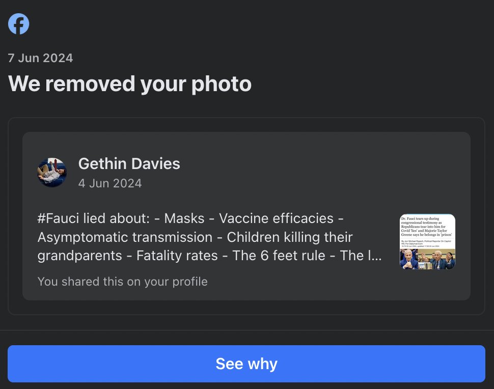 GethD's tweet image. Facebook labelling #fauciemails as #intimate and restricting my account;