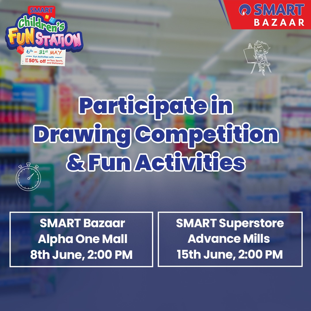 SMARTBazaarIn's tweet image. Last chance to unleash your creativity! 🎨 Our drawing competition is happening on June 8th, 2 PM onwards at SMART Bazaar Alpha One Mall and 15th June, 2PM at SMART Superstore Advance Mills. Fun activities and awesome prizes await!

#SMARTBazaar #ChildrensFunStation #FunStation