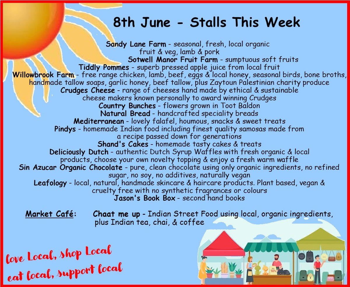 Lots of fresh produce at the market TOMORROW:

...veg, fruit inc strawberries, bread, pastries, flour, eggs, meat, chicken, honey, olive oil, cheese, chocolate, apple juice, sweet &amp; savoury takeaways

PLUS flowers, vegan toiletries, books

AND INDIAN STREET FOOD CAFE

Opens 10am