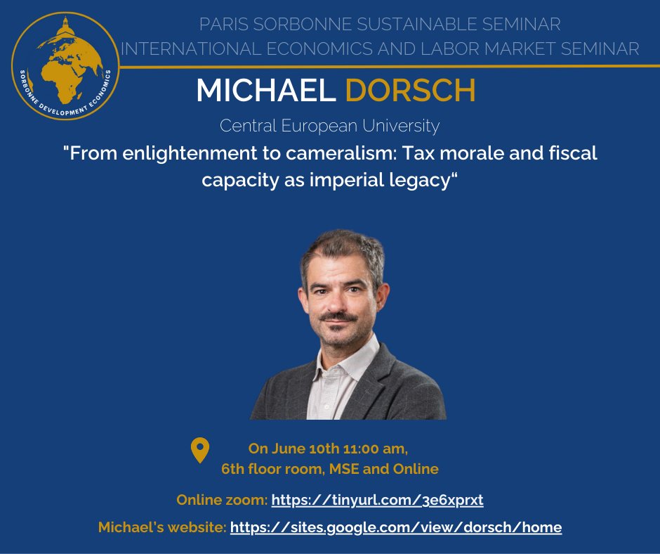 [ 🚨 PSSD-IELM SEMINAR - JUNE 10TH 🚨 ]

Michael Dorsch from <a href="/ceu/">Central European University</a> will present the seminar on Monday !

📝"From enlightenment to cameralism: Tax morale and fiscal capacity as imperial legacy"

📍11:am👇:
pantheonsorbonne.zoom.us/j/94822459595?…