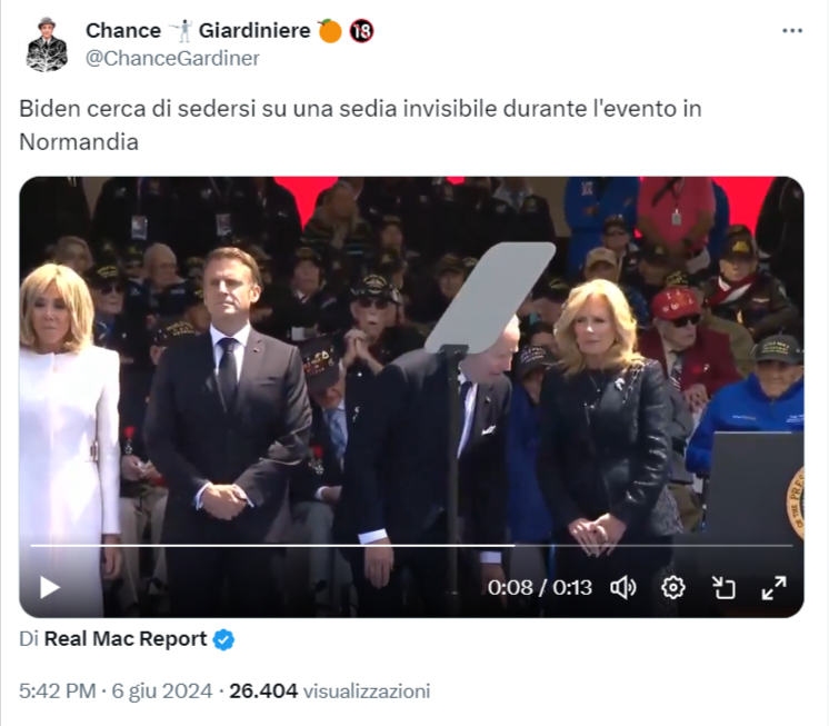 DavidPuente's tweet photo. Questa falsa notizia è sciocca ed evidenzia quanto la gente si faccia prendere in giro. Si tratta del video dove Joe Biden tenterebbe di "sedersi in una sedia inesistente". La sedia nel video si vede. Inoltre, le persone che condividono la clip non vanno minimamente a cercare il video completo dove Biden e gli altri si siedono. Tanti i bufalari hanno condiviso la clip con la falsa narrazione, troppi quelli che hanno creduto ai bufalari.

Il fact-check:
https://t.co/MlG8MRRJoc