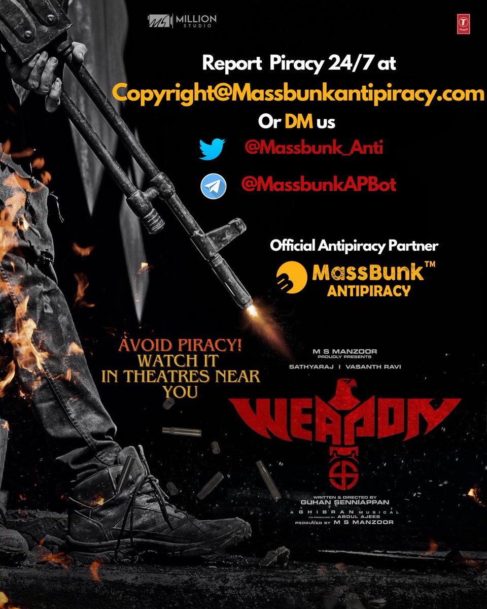 MassBunk Antipiracy (@massbunk_anti) on Twitter photo Watch the Superhuman Saga #Weapon in theatres near you and report the piracy links 24/7 to us!
#HuntBeginsToday
#MassbunkAntipiracy
<a href="/Abdulkaderoffl/">Abdulkader</a> <a href="/manzoorms/">Manzoor</a>
#Sathyaraj <a href="/GuhanSenniappan/">Guhan Senniappan</a> <a href="/iamvasanthravi/">Vasanth Ravi</a> <a href="/DirRajivMenon/">Rajiv Menon</a> <a href="/Rajeev_gpillai/">Rajeev govindapillai</a>
<a href="/TanyaHope_offl/">Tanya Hope</a> <a href="/GhibranVaibodha/">Ghibran Vaibodha</a> <a href="/PrabuRhagav/">Prabu Rhagav</a> Watch the Superhuman Saga #Weapon in theatres near you and report the piracy links 24/7 to us!
#HuntBeginsToday
#MassbunkAntipiracy
<a href="/Abdulkaderoffl/">Abdulkader</a> <a href="/manzoorms/">Manzoor</a>
#Sathyaraj <a href="/GuhanSenniappan/">Guhan Senniappan</a> <a href="/iamvasanthravi/">Vasanth Ravi</a> <a href="/DirRajivMenon/">Rajiv Menon</a> <a href="/Rajeev_gpillai/">Rajeev govindapillai</a>
<a href="/TanyaHope_offl/">Tanya Hope</a> <a href="/GhibranVaibodha/">Ghibran Vaibodha</a> <a href="/PrabuRhagav/">Prabu Rhagav</a>