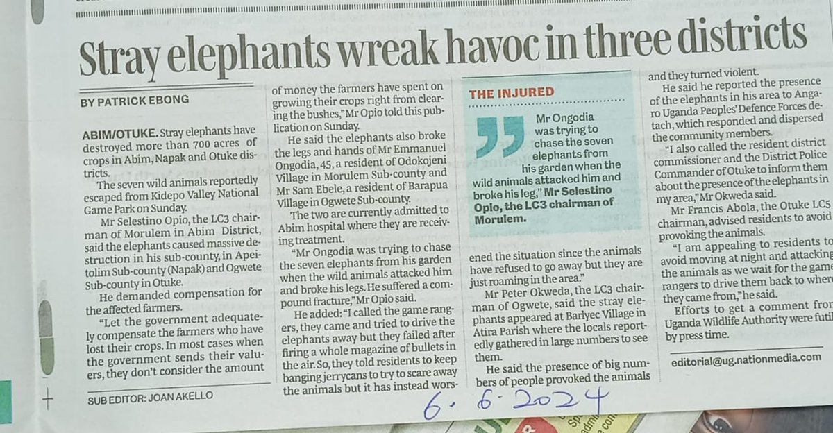 santinegrace's tweet photo. KARAMOJA CONTINUES BLEEDING
Seven stray elephants from Kidepo destroyed 700 acres of crops, injured 2 people in Morulem-Abim, Ogwete-Otuke and Apeitolim-Napak. The 2 injured are admitted in Abim hospital, with broken arms and legs. UWA failed to drive the animals back to Kidepo https://t.co/psVjyxjV6b