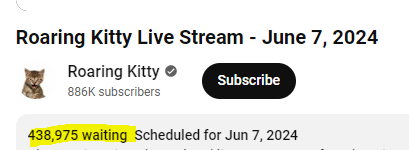 Insider_Equity's tweet photo. That moment when Roaring Kitty has more than 430k people waiting for him to go live 😅 https://t.co/bDPquvv9Af