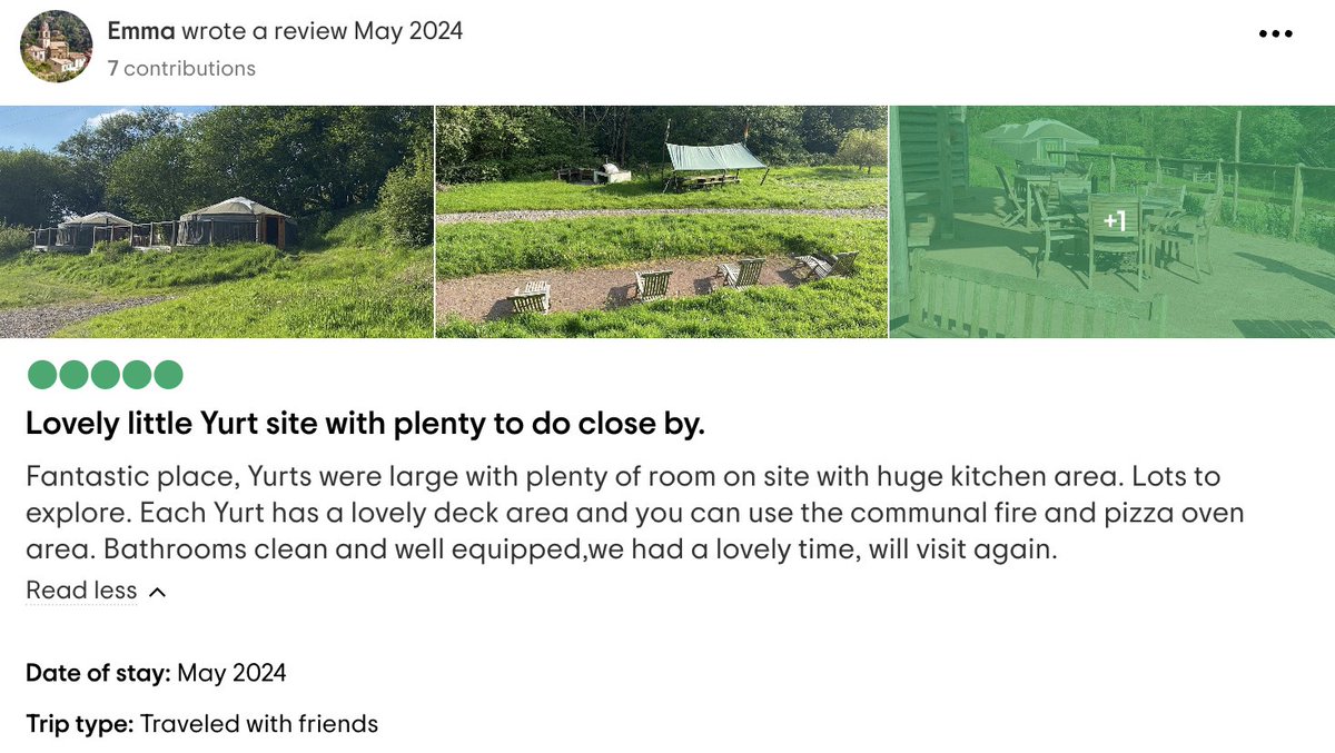 Check out this wonderful review from Emma, who visited our yurt site with friends! ⭐⭐⭐⭐⭐