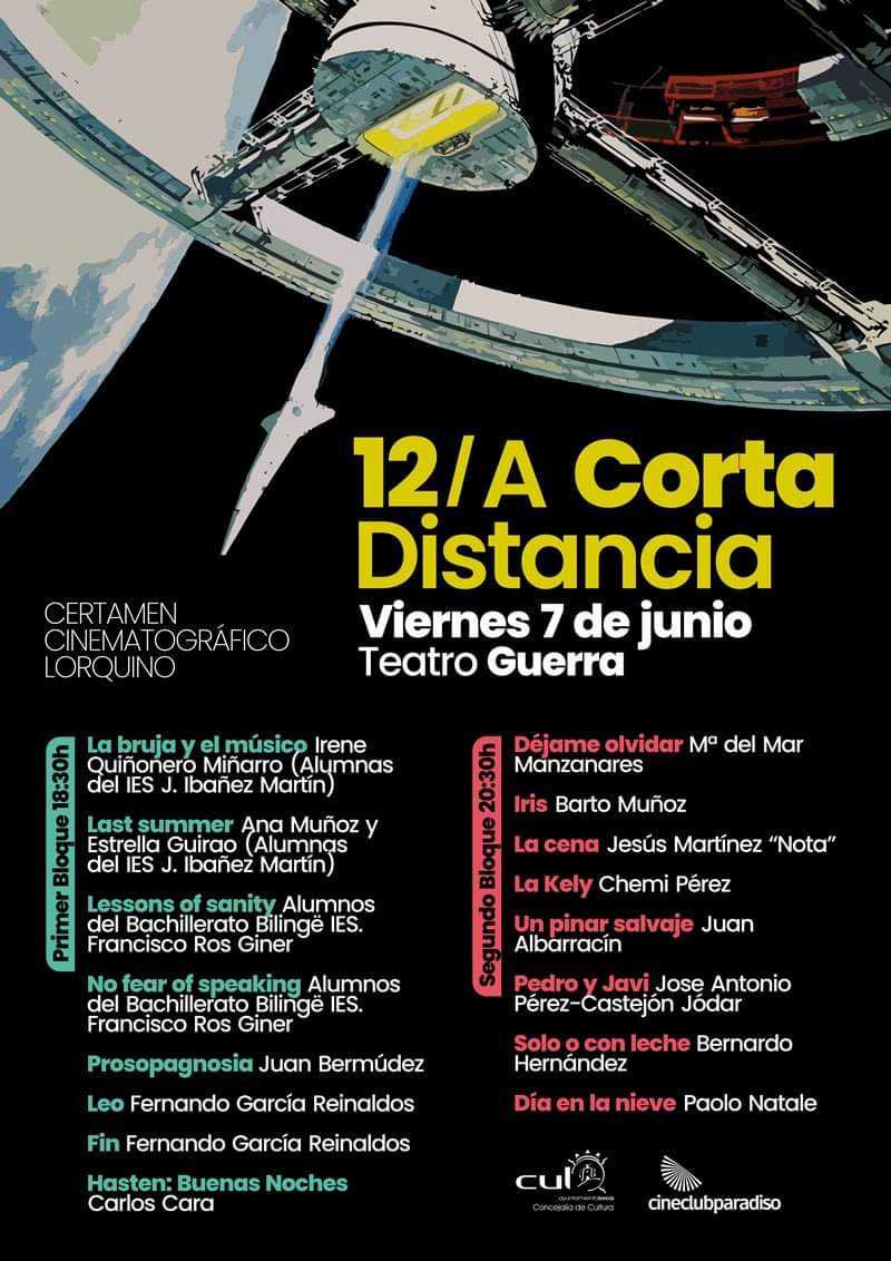 👉No te pierdas hoy la XII edición del certamen 🎥 " A corta distancia" organizado por <a href="/CinecParadiso/">Cineclub Paradiso</a>

Un certamen de cortometrajes con cine realizado por lorquinos que no deja de crecer cada año atrayendo a los fans del genero.

Disfrutarlo en el 📍 #TeatroGuerra
