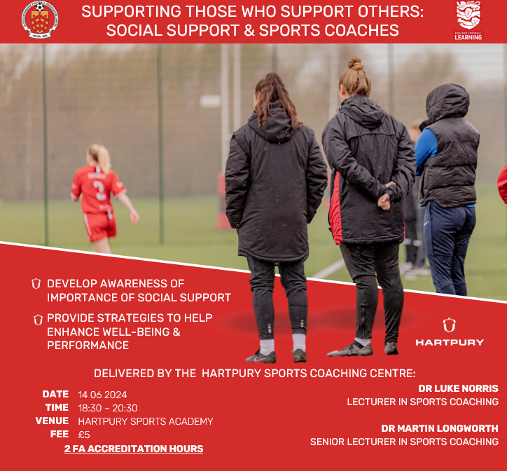Join our workshop based on Dr. Luke Norris' PhD research to develop awareness of social support for coaches, and enhance well-being &amp; performance. Accredited by England Learning and in association with Gloucestershire Football Association

Register here - ow.ly/HrWV50SaW5v