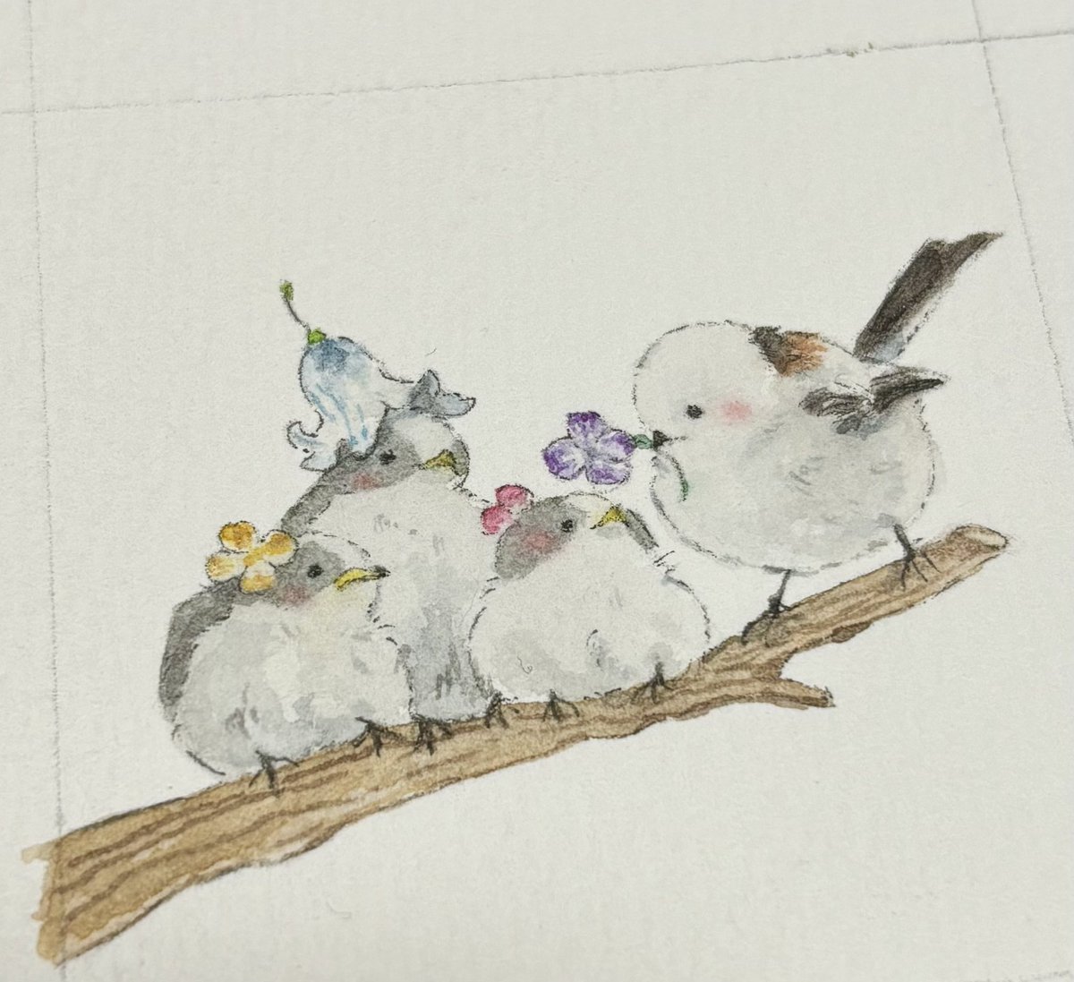 シマエナガの3兄妹と花飾り🌼✨ #イラスト #シマエナガ