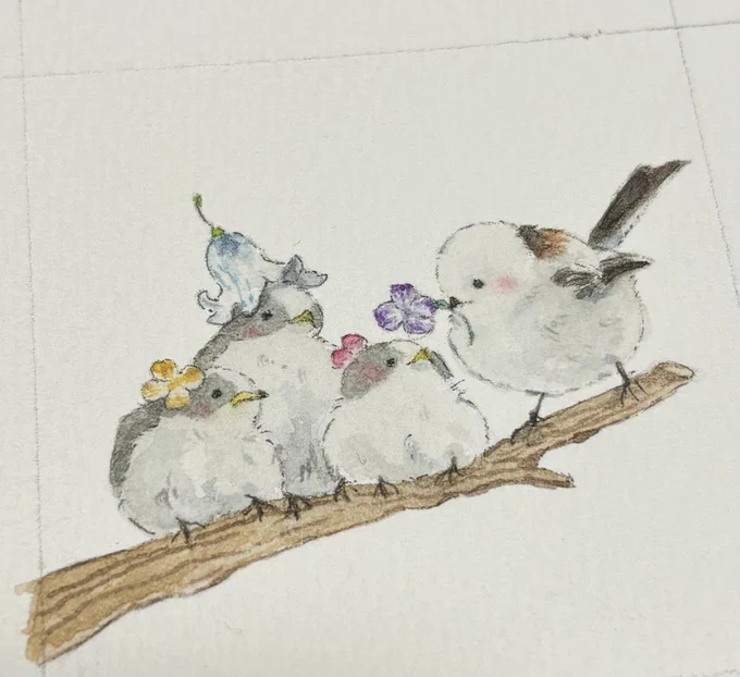 シマエナガの3兄妹と花飾り #イラスト #シマエナガ