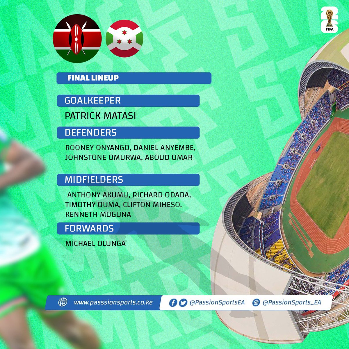 PassionSportsEA's tweet photo. How Harambee Stars line up to face Burundi. Zak Vyner will not make his debut for Kenya to today as he is yet to get documents sorted.

#2026WCQ
#AfricanFootball
#HarambeeStars https://t.co/kH0dq38II7