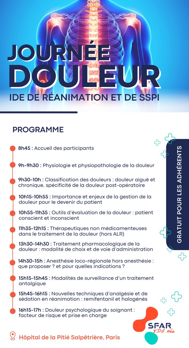 SFAR Anesthésie Réanimation (@sfar_org) on Twitter photo 📆 Le 21 Juin, assistez à la journée Douleur organisée par le comité IDE Réa
✍️ Inscriptions ➡️ sfar.org/evenement/jour…
✅ Ouverte à tous et gratuit pour les adhérents
<a href="/contactfnir/">Fédération Nationale des Infirmiers de Réanimation</a> <a href="/SNIA75/">SNIA : Syndicat Nal des #IADE</a> <a href="/fnasapr/">FNASAPR</a> @IADE_de_France <a href="/SNPHARE/">SNPHARE</a> <a href="/AJARFrance/">AJAR France 🇫🇷</a> <a href="/SNJeunesAR/">Syndicat National des Jeunes Anesth-Réa</a> <a href="/SyndicatSnarf/">SNARF</a> <a href="/cnear_fr/">CNEAR Anesthésie Réanimation</a> 📆 Le 21 Juin, assistez à la journée Douleur organisée par le comité IDE Réa
✍️ Inscriptions ➡️ sfar.org/evenement/jour…
✅ Ouverte à tous et gratuit pour les adhérents
<a href="/contactfnir/">Fédération Nationale des Infirmiers de Réanimation</a> <a href="/SNIA75/">SNIA : Syndicat Nal des #IADE</a> <a href="/fnasapr/">FNASAPR</a> @IADE_de_France <a href="/SNPHARE/">SNPHARE</a> <a href="/AJARFrance/">AJAR France 🇫🇷</a> <a href="/SNJeunesAR/">Syndicat National des Jeunes Anesth-Réa</a> <a href="/SyndicatSnarf/">SNARF</a> <a href="/cnear_fr/">CNEAR Anesthésie Réanimation</a>