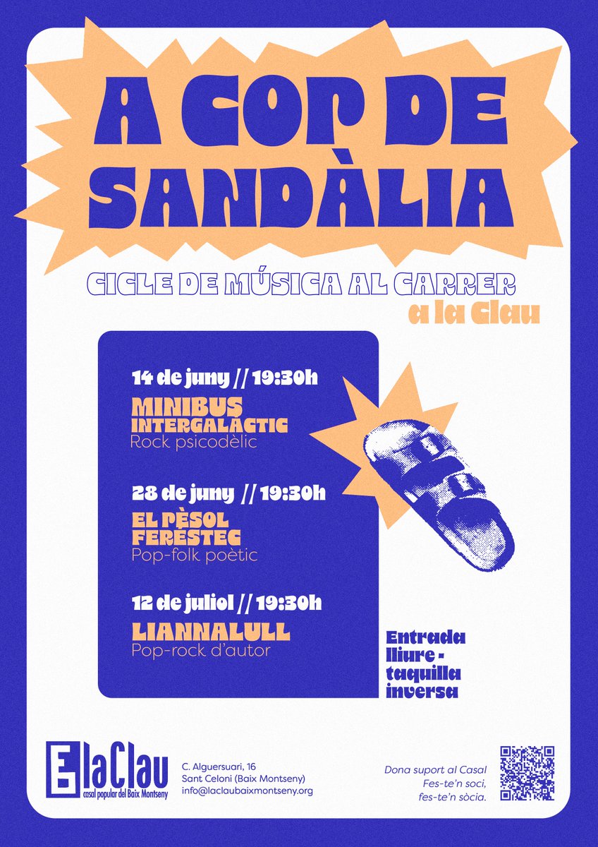 🏝️😎Ja és aquí! Torna A cop de Sandàlia 👞✴️, el cicle musical a la fresca de La Clau 🪇🍍 

👉Enguany, en aquesta 10ª edició consecutiva del cicle, fem una aposta per donar veu a l'escena musical alternativa que canta en català!