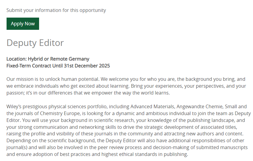 Ruben Ragg (@rubenragg) on Twitter photo We are looking for a Deputy Editor to join our ChemBioMed team for our in-house chemistry titles in Germany <a href="/ChemEurope/">Chemistry Europe</a> <a href="/angew_chem/">Angewandte Chemie</a> <a href="/Wiley_Chemistry/">Wiley Chemistry</a>. Please like and share!
Apply under: careers.wiley.com/en/position/de… We are looking for a Deputy Editor to join our ChemBioMed team for our in-house chemistry titles in Germany <a href="/ChemEurope/">Chemistry Europe</a> <a href="/angew_chem/">Angewandte Chemie</a> <a href="/Wiley_Chemistry/">Wiley Chemistry</a>. Please like and share!
Apply under: careers.wiley.com/en/position/de…