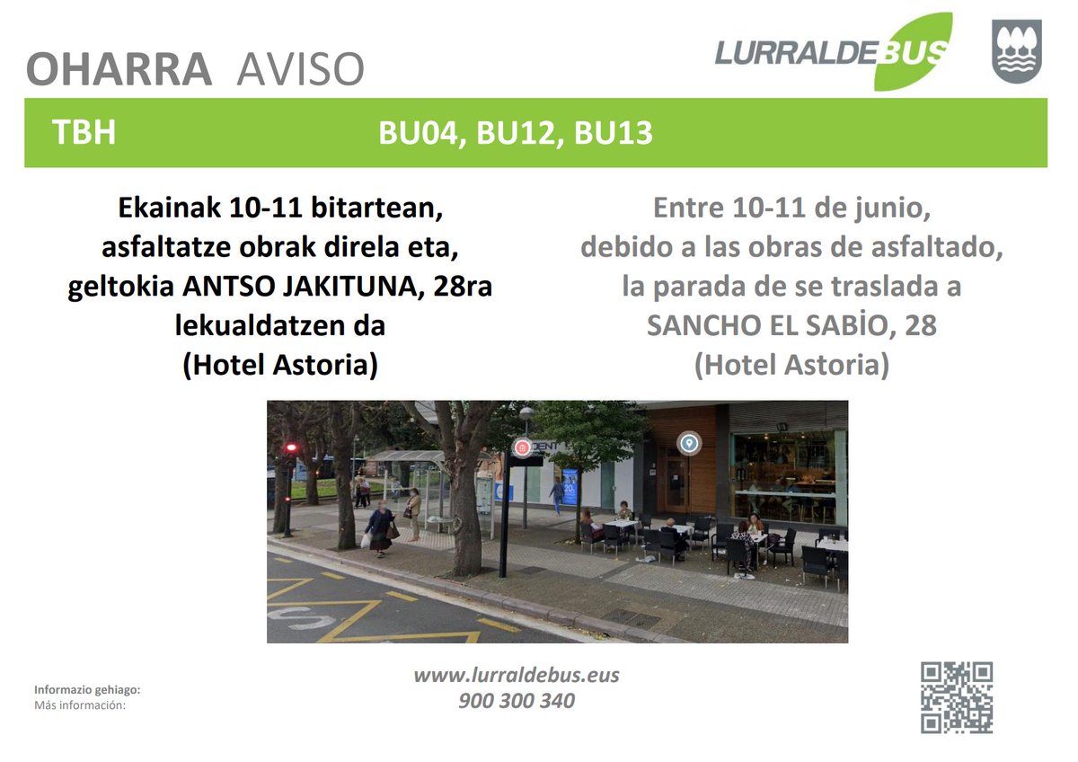 Lurraldebus's tweet photo. 🗓️Ekainak 10-11 / 10-11 de junio
📍#Donostia
📢 Geraleku aldaketa / Cambio de parada
🛠️ Lanak / Obras
🚌#E08 #UK11 #BU04 #BU12 #BU13
📱900 300 340
🔗https://t.co/5k90uChNHW https://t.co/gKjxjmFvTH