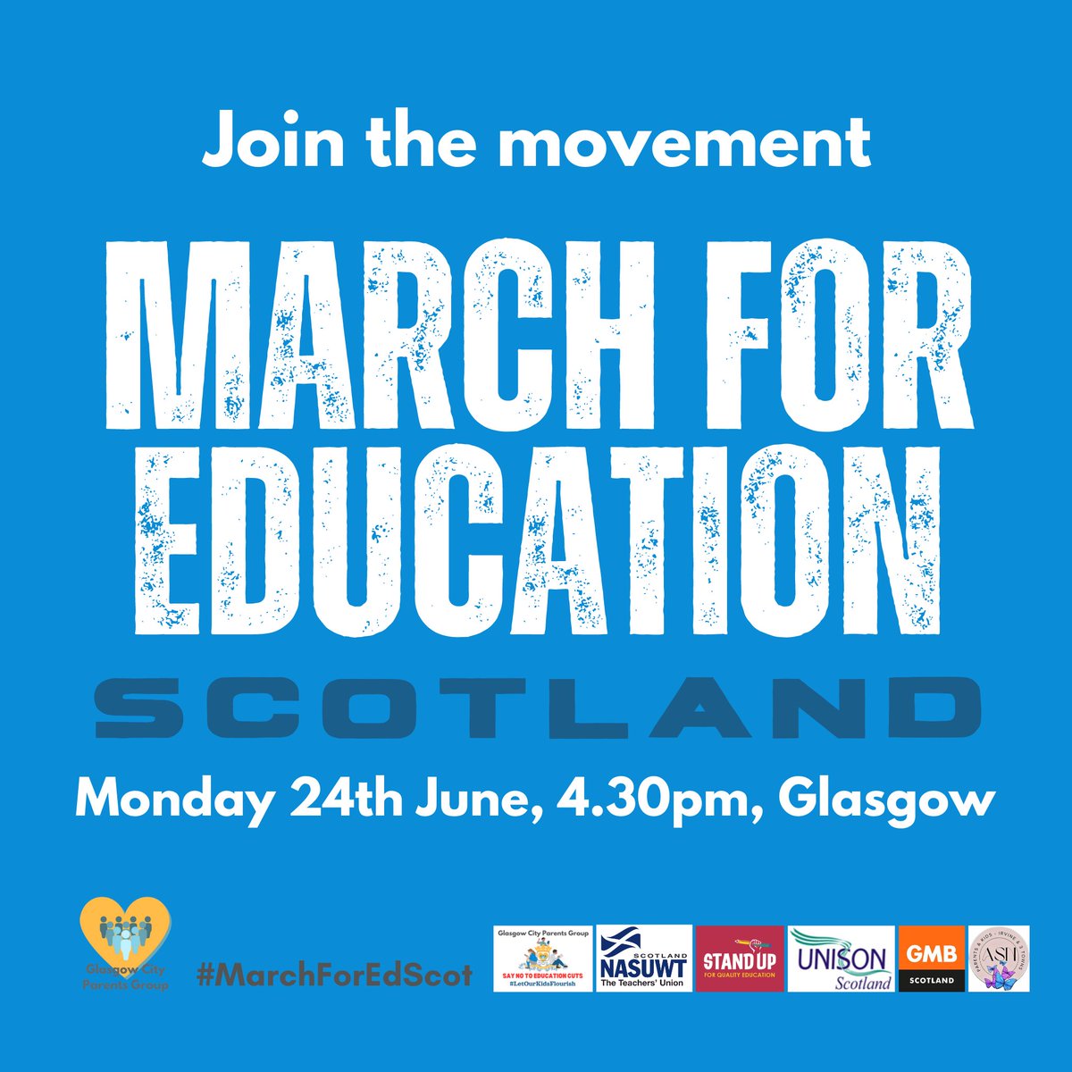 Delighted to add <a href="/NASUWTGlasgow/">NASUWT Glasgow</a> <a href="/NASUWT/">NASUWT</a> to our march supporters today, alongside <a href="/EISUnion/">EIS</a> <a href="/EISGlasgow/">EIS Glasgow</a> <a href="/GMBScotOrg/">GMB Scotland</a> <a href="/GMBGlasgowCC/">Glasgow GMB</a> <a href="/unisonscot/">UNISON Scotland</a> 

The #MarchForEdScot is going to be epic!

Who is joining? More details on the event page bit.ly/3wWYKqR