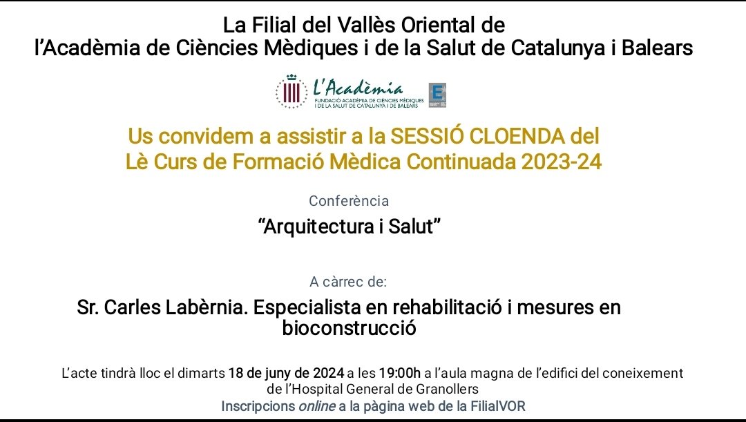 FilialVOR's tweet image. #sessiocloenda Us convidem a assistir a la Sessió de Cloenda del Lè  Curs de Formació Mèdica Continuada  de la @FilialVOR, el proper dimarts 18 de juny a les 19:00h a l'aula magna de l'edifici del coneixement de @hggranollers