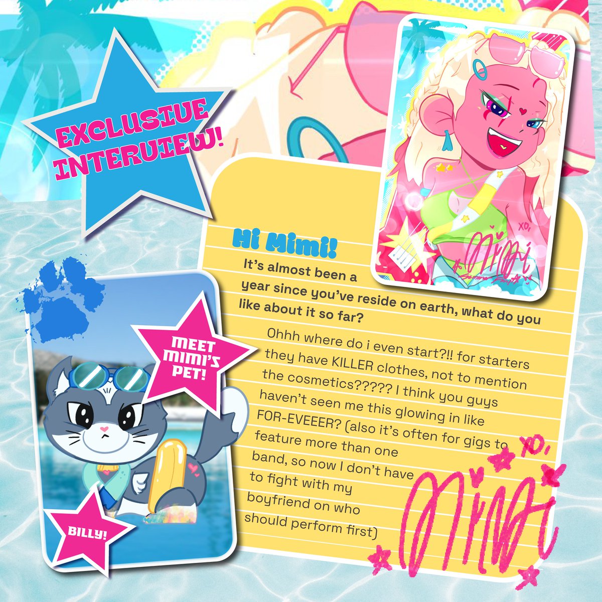 Summer is hot, hot, hot!! but that doesn’t stop Mimi from shining brighter all the way through!

this time she’s got herself a furrever company, Billy!!🐱🌈 a magical flying kitten from the rainbow bridge! now buckle up and get ready for a new adventure with them !!🎸☀️😎👙