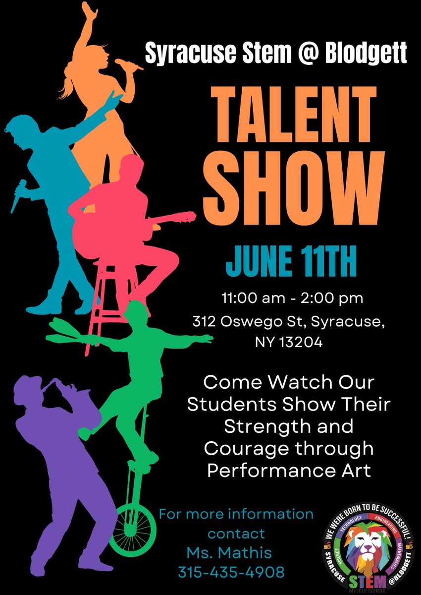 Syracuse STEM at Blodgett (@stematblodgett) on Twitter photo Syracuse STEM Community,
Come and watch our students and staff perform in our third Annual Talent Show! It is on Tuesday, June 11th from 11:00 am to 2:00 pm. For more information contact Ms. Mathis. #gostemlions #SCSDArts <a href="/STEMatBlodgett/">Syracuse STEM at Blodgett</a> <a href="/SyracuseSchools/">Syracuse City School</a> Syracuse STEM Community,
Come and watch our students and staff perform in our third Annual Talent Show! It is on Tuesday, June 11th from 11:00 am to 2:00 pm. For more information contact Ms. Mathis. #gostemlions #SCSDArts <a href="/STEMatBlodgett/">Syracuse STEM at Blodgett</a> <a href="/SyracuseSchools/">Syracuse City School</a>
