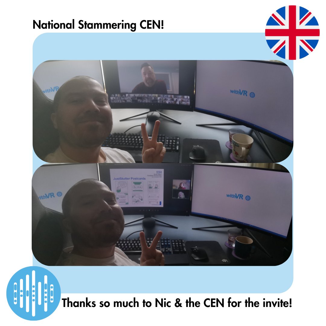 withVR (@withvrapp) on Twitter photo Another CEN talk! This time - National CEN!
Thanks so much to <a href="/nicola_maddy/">Nicola Maddy</a> & <a href="/StammeringCEN/">National Stammering CEN</a> for inviting <a href="/GarethWalkom/">Gareth Walkom</a> to share his story and how VR is being used in stammering therapy!
A great way to start the weekend!
Merci!
#slp #slpeeps #slp2be #speechthearpy Another CEN talk! This time - National CEN!
Thanks so much to <a href="/nicola_maddy/">Nicola Maddy</a> & <a href="/StammeringCEN/">National Stammering CEN</a> for inviting <a href="/GarethWalkom/">Gareth Walkom</a> to share his story and how VR is being used in stammering therapy!
A great way to start the weekend!
Merci!
#slp #slpeeps #slp2be #speechthearpy