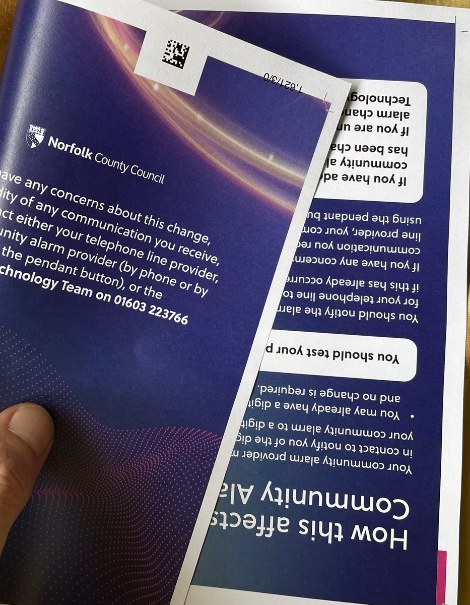 Gazzbert's tweet image. This is how much @NorfolkCC cares about (or can afford to care about) its printed materials. This looks to me like a colour photocopy. Hasn’t been cropped and the inside is printed upside down 👏