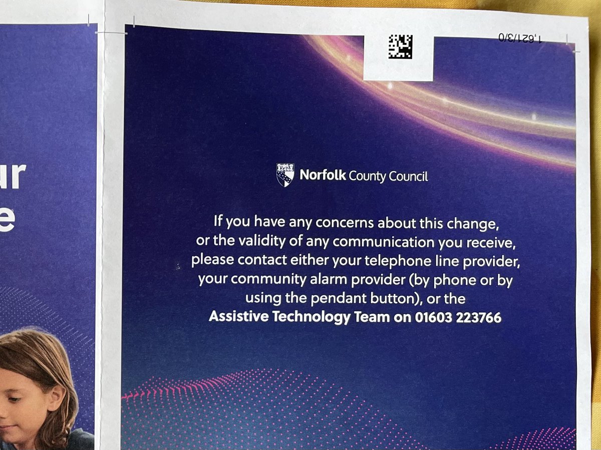Gazzbert's tweet image. This is how much @NorfolkCC cares about (or can afford to care about) its printed materials. This looks to me like a colour photocopy. Hasn’t been cropped and the inside is printed upside down 👏