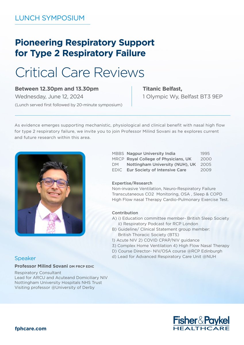 CritCareReviews's tweet image. Symposium from Fisher &amp;amp; Paykel Healthcare at #CCR24

Prof Milind Sovani @msovani - Pioneering Respiratory Support for Type 2 Respiratory Failure

Wednesday, June 12th, 1pm
Andrews Gallery, level 2, Titanic Belfast
Livestream at criticalcarereviews.com

@fphcare  @OptiflowNHF