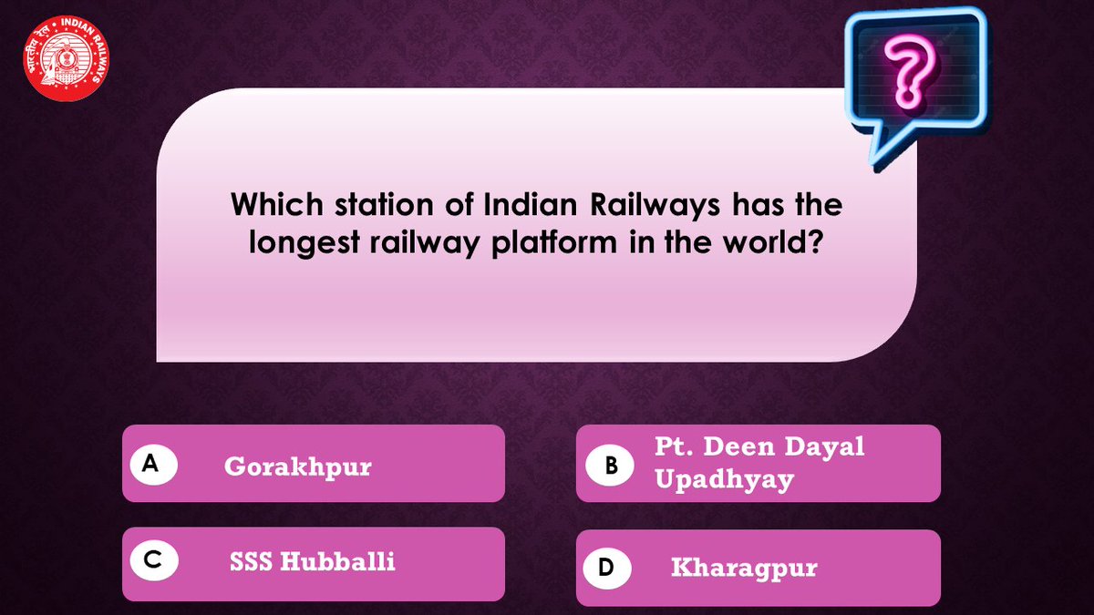 SWRRLY's tweet image. Which station of Indian Railways has the longest railway platform in the world?
#SWRQuizMania #QuizTime