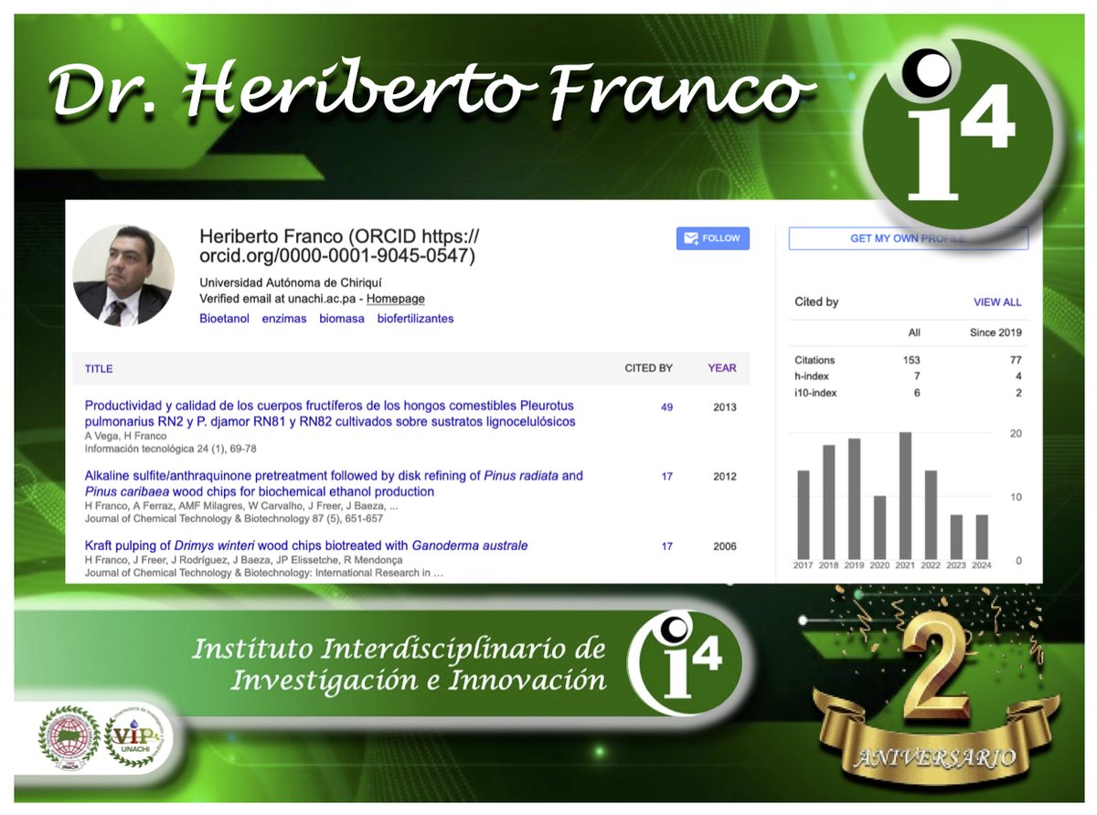 El Instituto Interdisciplinario de Investigación e Innovación (i4) en <a href="/UNACHIpanama/">UNACHI</a> cumple 2 años; Conoce el perfil de sus investigadores y sus contribuciones al ecosistema de CTI de Panamá <a href="/senacyt/">Senacyt Panamá</a> @SNI_Panama <a href="/CienciaPTY/">Ciencia En Panamá   #CienciaEnPanamá</a> <a href="/SGCSUCA/">CSUCA</a> 
Dr. HERIBERTO FRANCO 
scholar.google.com/citations?hl=e…