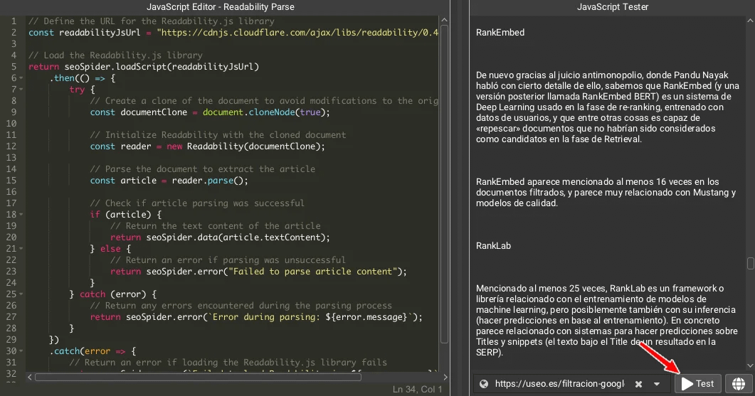 seostratega's tweet photo. Ya tenía ganas de probar esto:

Me he creado un Custom JavaScript para Screaming Frog que te extrae el contenido principal (texto) de cualquier URL (excluye automáticamente menú, fecha, autor, sidebar, footer, banners, etc).

Te cuento cómo y comparto el código más abajo... 👇 https://t.co/WxyRDWEKn9
