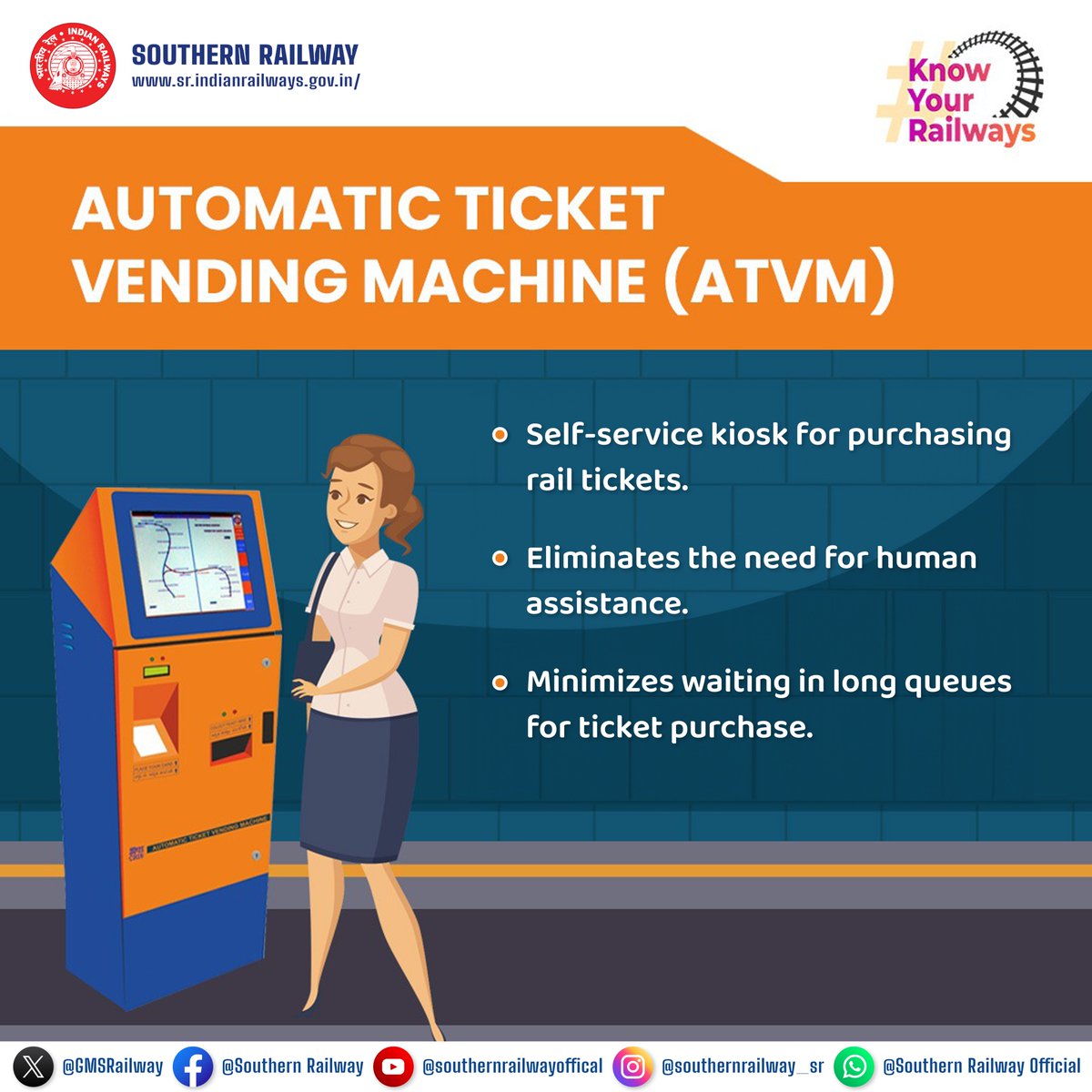GMSRailway's tweet image. Experience Convenience with Automatic Ticket Vending Machines (#ATVM)! 

Say goodbye to long queues &amp;amp; hello to quick, self-service ticketing. An efficient way to purchase rail tickets without the need for human assistance. Enjoy a smoother, faster journey with #SouthernRailway!