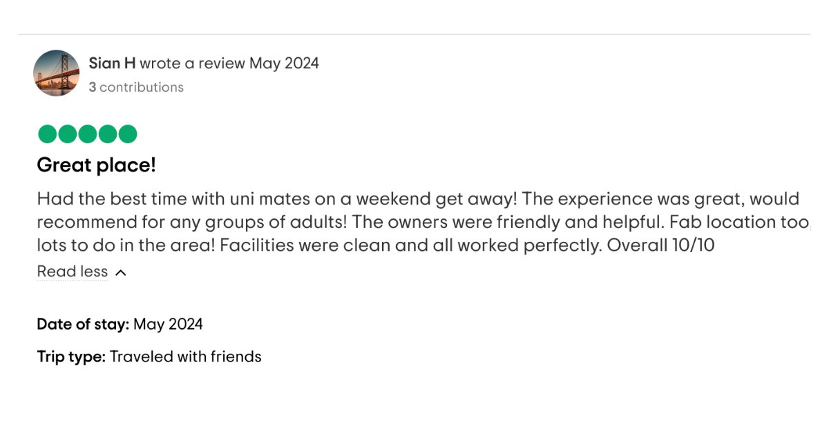 Check out this great review on Tripadvisor from Sian H, she visited our yurt site with friends! ⭐⭐⭐⭐⭐

👉 hiddenvalleyyurts.co.uk