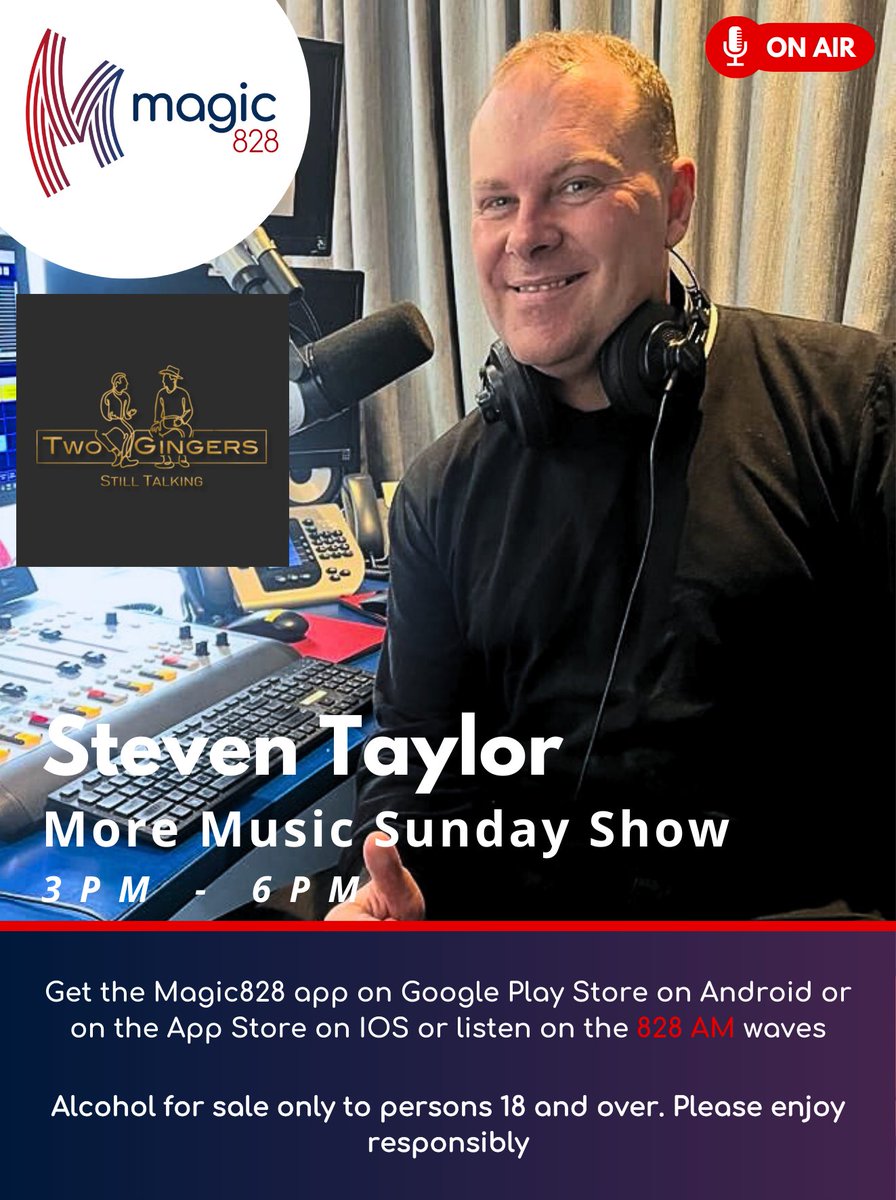 Steven Taylor will be hosting a new show on Sundays on Magic 828 AM, brought to you by @twogingersdistillery from 3pm - 6pm, starting this Sunday!!

Magic Sunday Afternoons ✨

You don't want to miss this! 🤩🤩🤩