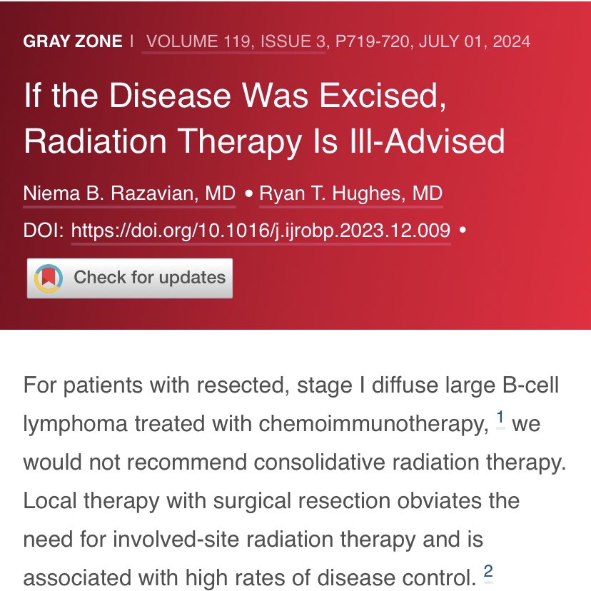 Niema Razavian, MD (@radoncdoc_niema) on Twitter photo Is there are role for #radonc in resected DLBCL? Check out 👀 the #GrayZone case <a href="/IJROBP/">IJROBP - The Red Journal</a>
Our opinion: If the disease was excised, ☢️ is I’ll-advised
🔗: tinyurl.com/mrvenndd Is there are role for #radonc in resected DLBCL? Check out 👀 the #GrayZone case <a href="/IJROBP/">IJROBP - The Red Journal</a>
Our opinion: If the disease was excised, ☢️ is I’ll-advised
🔗: tinyurl.com/mrvenndd