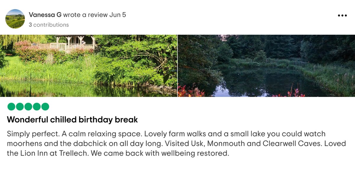 Here’s another 5 star review on Tripadvisor from Vanessa G, who enjoyed their birthday stay in The Lake House. ⭐⭐⭐⭐⭐

As Vanessa highlights in this review, our site is a wonderful base for exploring Monmouthshire and the Wye Valley!

👉 hiddenvalleyyurts.co.uk