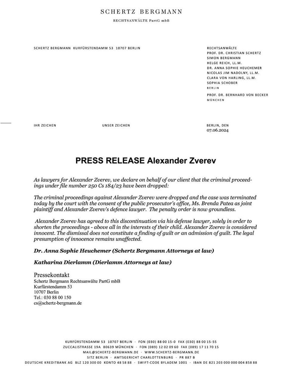 IamPuneetX's tweet photo. The #Zverev case has been dropped. There was no settlement paid to Patea. 

The penalty order against Zverev is groundless (there are no grounds for prosecution).

Please spare yourselves the agony of trying to convince people otherwise.

Respect the law. https://t.co/UYeQmfXYRl