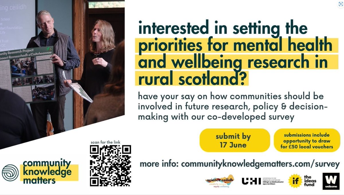 Scottish Rural Network (@scotruralnet) on Twitter photo How should research about mental health & wellbeing in rural areas be conducted? What should the priorities be? How can communities be involved meaningfully & fairly? Take the <a href="/ScienceCeilidh/">Science Ceilidh</a> 30-minute online survey to let them know!
tinyurl.com/2yzepjb3
<a href="/changemh_/">Change Mental Health</a> <a href="/RSABI/">RSABI - supporting people in Scottish agriculture</a> How should research about mental health & wellbeing in rural areas be conducted? What should the priorities be? How can communities be involved meaningfully & fairly? Take the <a href="/ScienceCeilidh/">Science Ceilidh</a> 30-minute online survey to let them know!
tinyurl.com/2yzepjb3
<a href="/changemh_/">Change Mental Health</a> <a href="/RSABI/">RSABI - supporting people in Scottish agriculture</a>