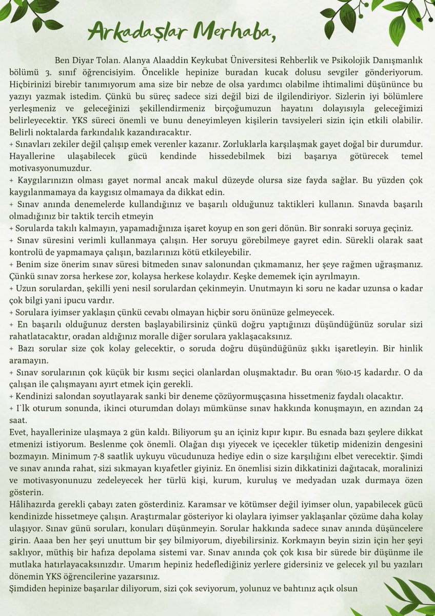 NevaDerOrg's tweet photo. Diyar, PDR okuyor"Moralinizi zedeleyecek her türlü kişi, kurum ve medyadan uzak durunuz
Karamsar ve kötümser değil iyimser olun, yapabilecek gücü kendinizde hissetmeye çalışın. Araştırmalar gösteriyor ki olaylara iyimser yaklaşanlar çözüme daha kolay ulaşıyor"
Mektup16 
#YKS2024 https://t.co/S21rltWRNv