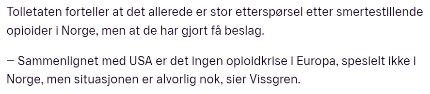 Reynolds420's tweet photo. Lite provoserer mer enn fagfolk og tollere(!) som vise til at situasjonen er verre andre steder for å tone ned dramatikken ved de økende overdosedødsfallene her til lands.

Hvordan i helvete er slikt relevant i norsk kontekst?
https://t.co/Z4jfyII3py https://t.co/S8bmvOvZic